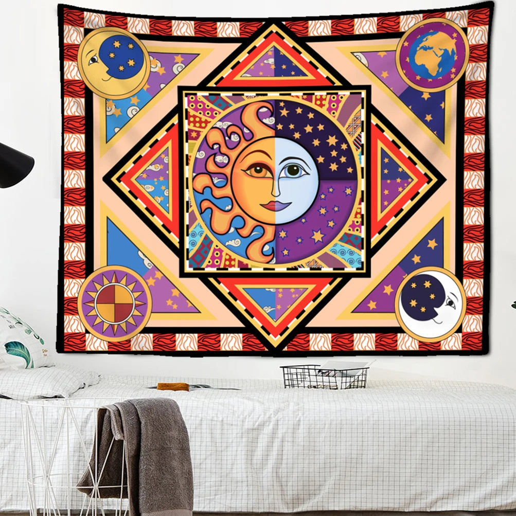 Retro Illustration Tapestry Wall Hanging Bohemian Style Hippie Tapiz Art Aesthetics Living Room Home Decor