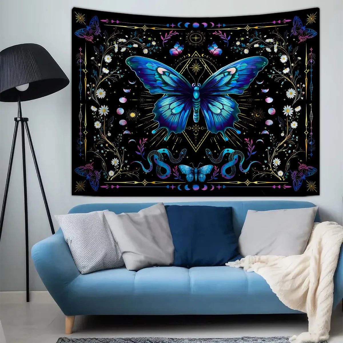 1pc Blue butterfly tapestry, Bohemian floral tapestry, plant tapestry, moon phase starry sky tapestry, beautiful tapestry