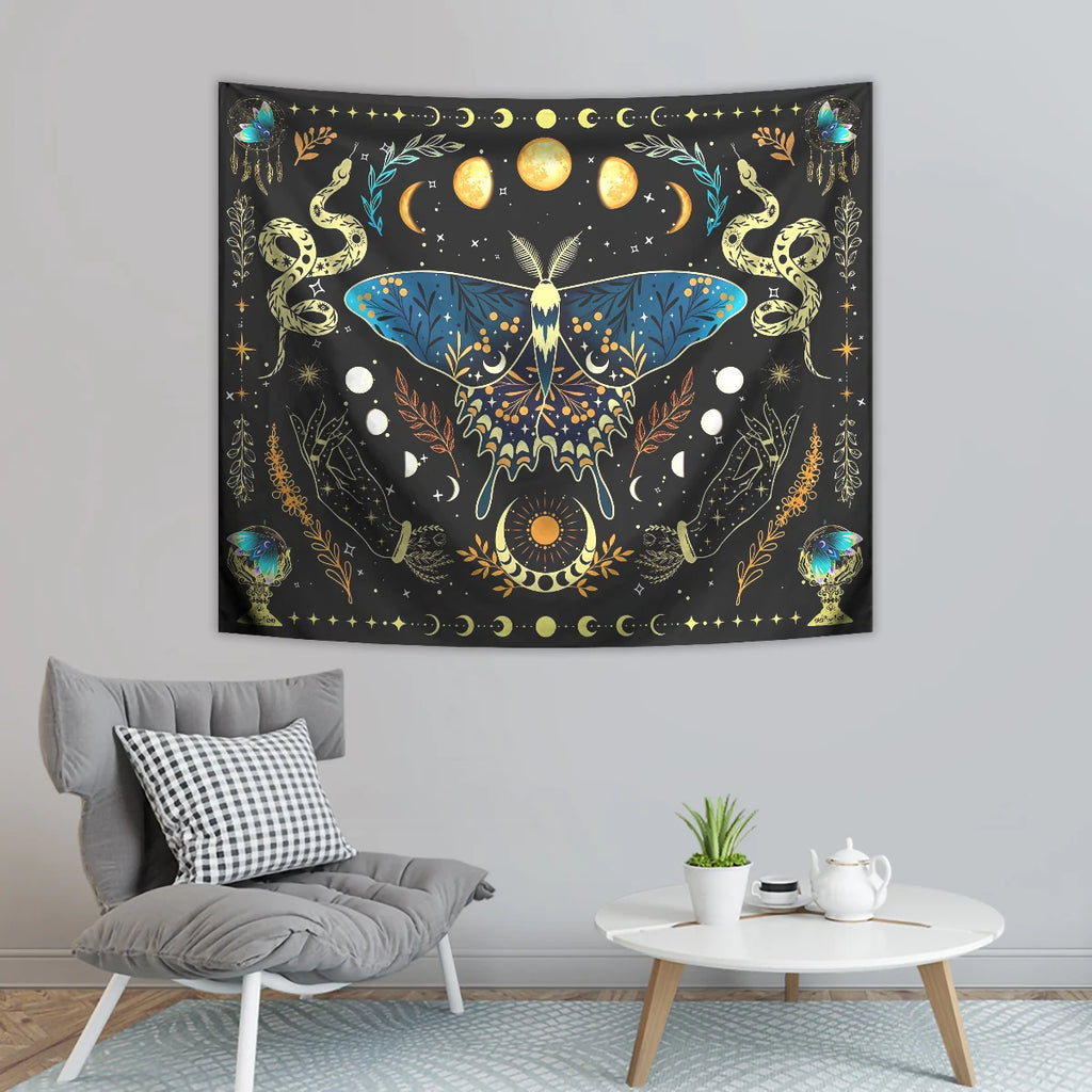 1pc Butterfly moon tapestry, Bohemian plant tapestry, aesthetic moth snake tapestry, retro plant starry sky tapestry