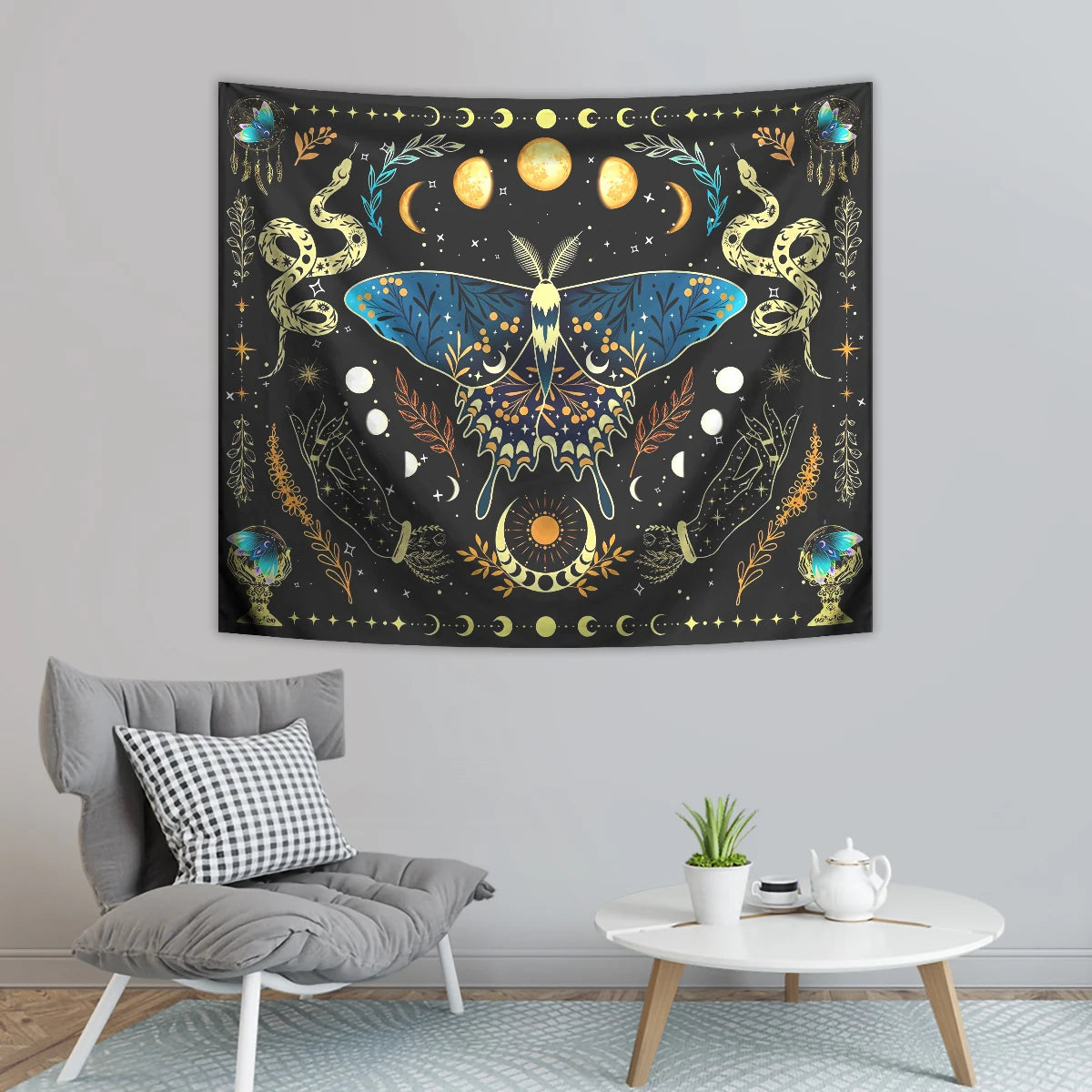 1pc Butterfly moon tapestry, Bohemian plant tapestry, aesthetic moth snake tapestry, retro plant starry sky tapestry