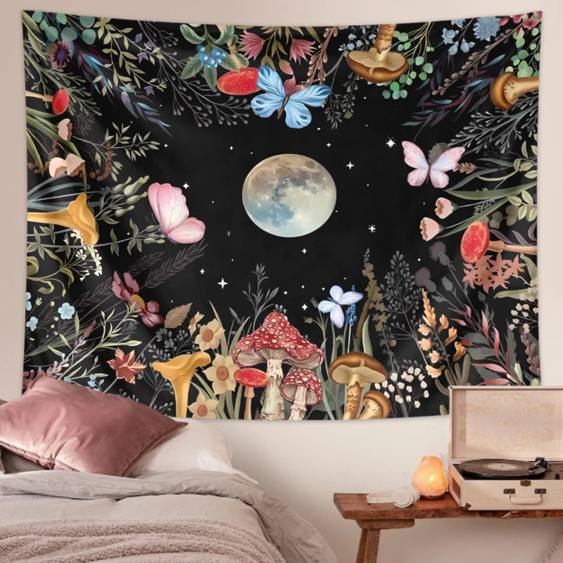 1pc Moonlight garden tapestry, moon flower tapestry, colorful plant tapestry