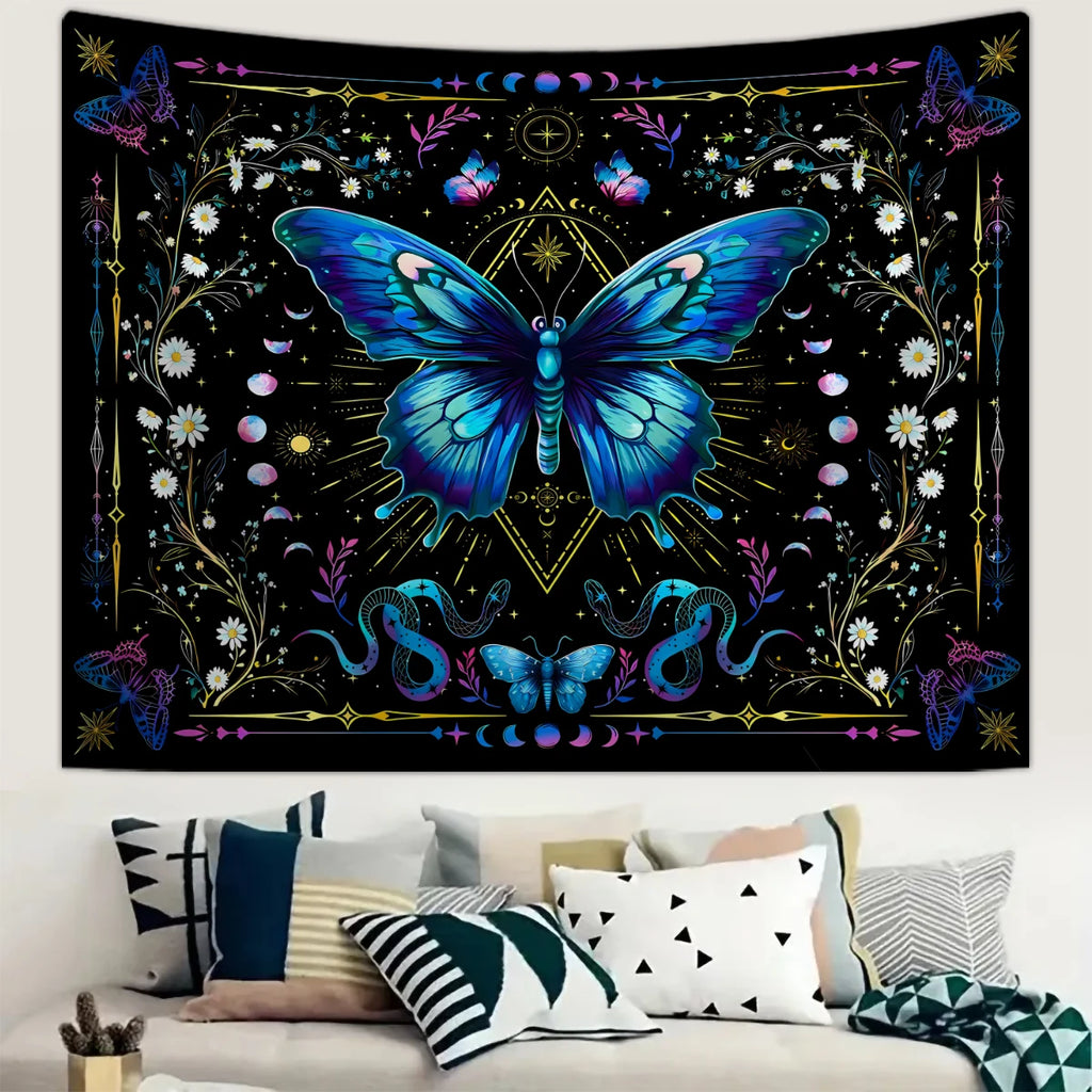 1pc Blue butterfly tapestry, Bohemian floral tapestry, plant tapestry, moon phase starry sky tapestry, beautiful tapestry