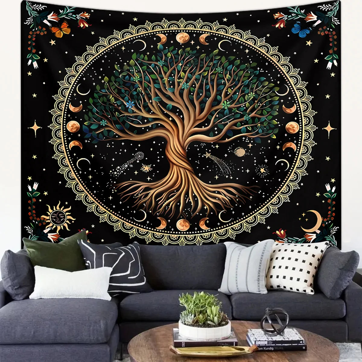 Wall Hanging Tapestry Aesthetic Tree of Life Tapestry Moon Phase Flowers Plants Tapestry Decro for Bedroom Dorm Living Room