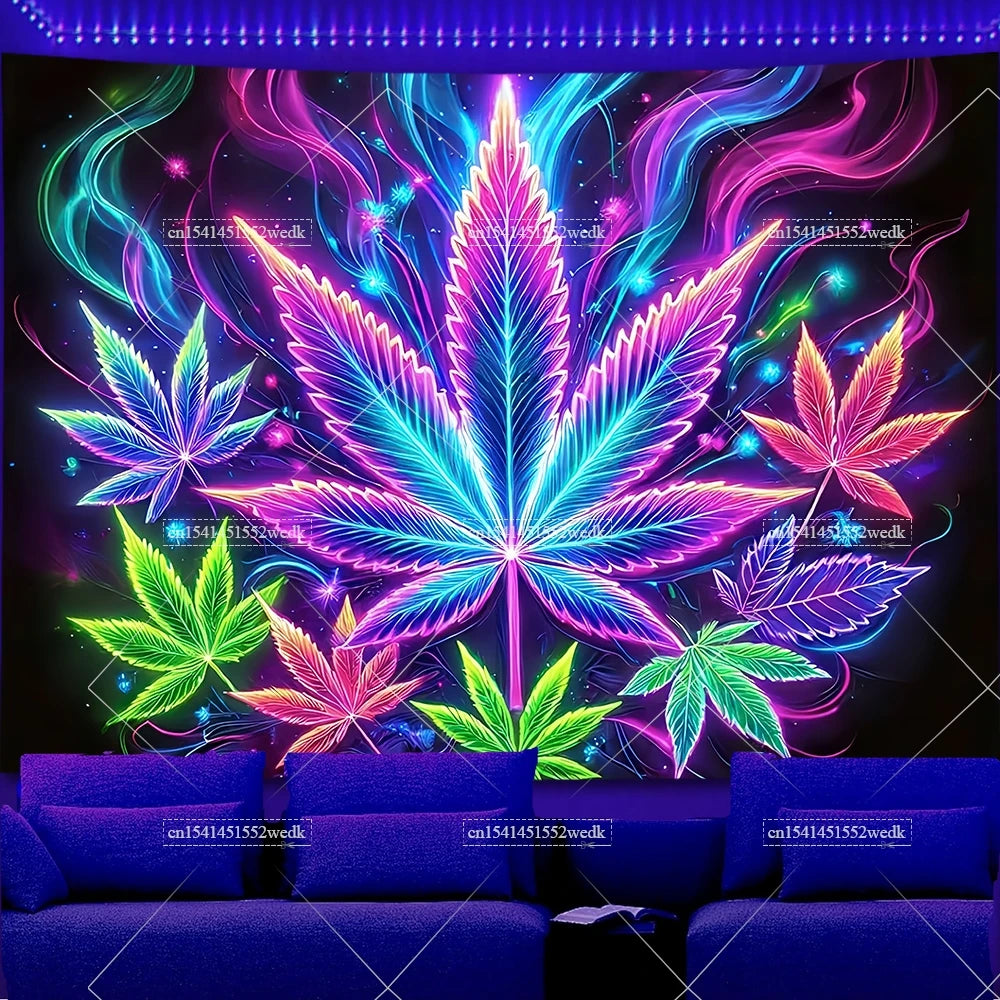 Trippy Weed Blacklight Tapestry UV Reactive Alien Marijuana Leaf Tapestry Neon Skull Smoke Tapestry Aesthetic Tapestry For Room