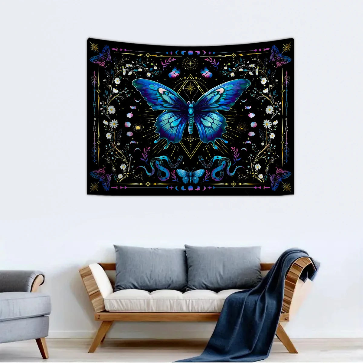 1pc Blue butterfly tapestry, Bohemian floral tapestry, plant tapestry, moon phase starry sky tapestry, beautiful tapestry