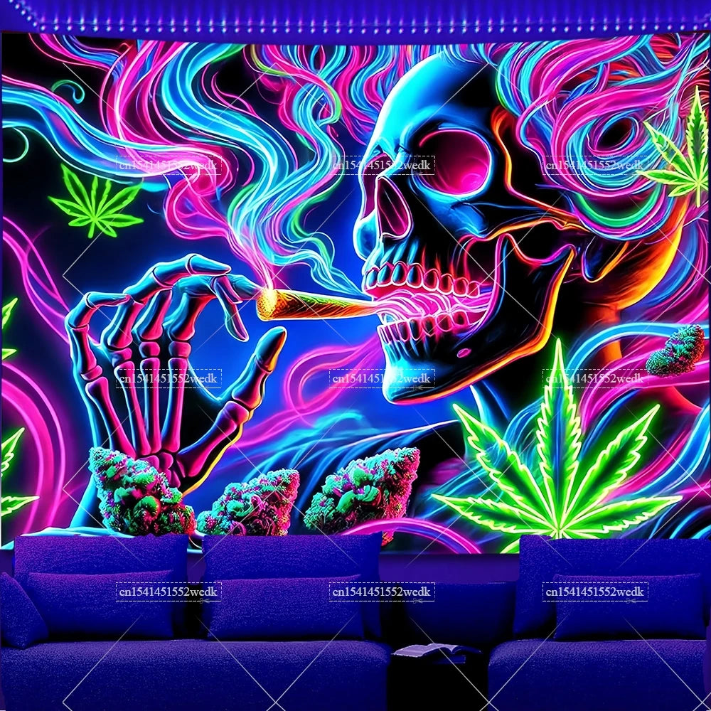 Trippy Weed Blacklight Tapestry UV Reactive Alien Marijuana Leaf Tapestry Neon Skull Smoke Tapestry Aesthetic Tapestry For Room