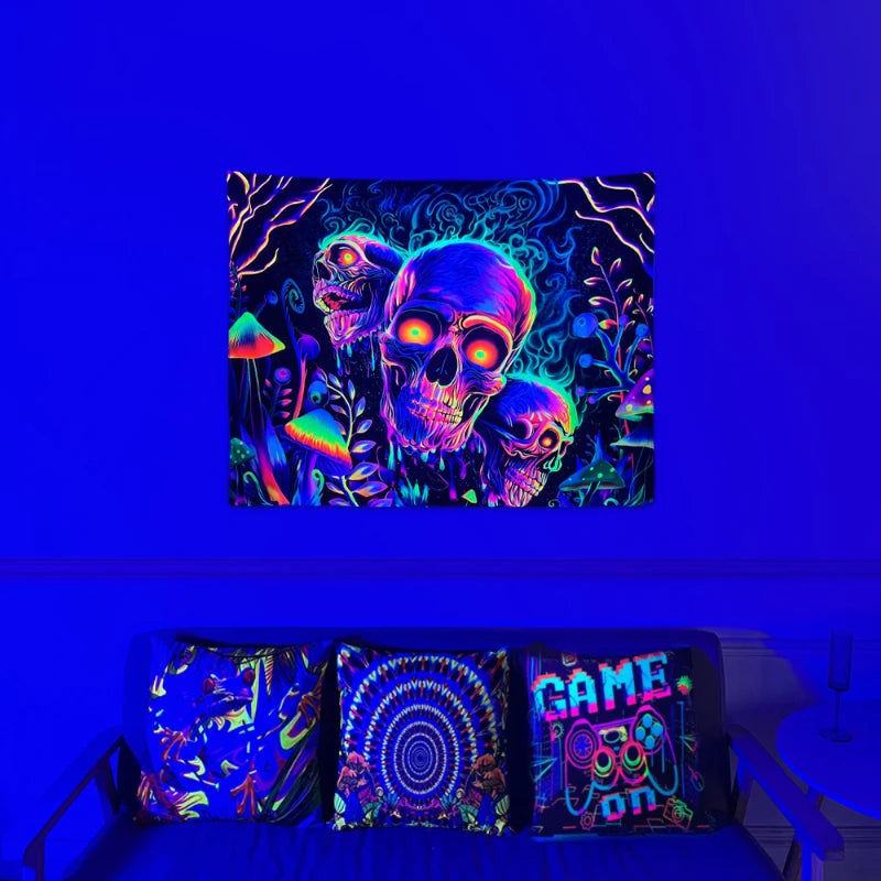 1pc Skeleton flower fluorescent tapestry, UV tapestry, plant mushroom tapestry, bedroom aesthetic decoration wall hanging
