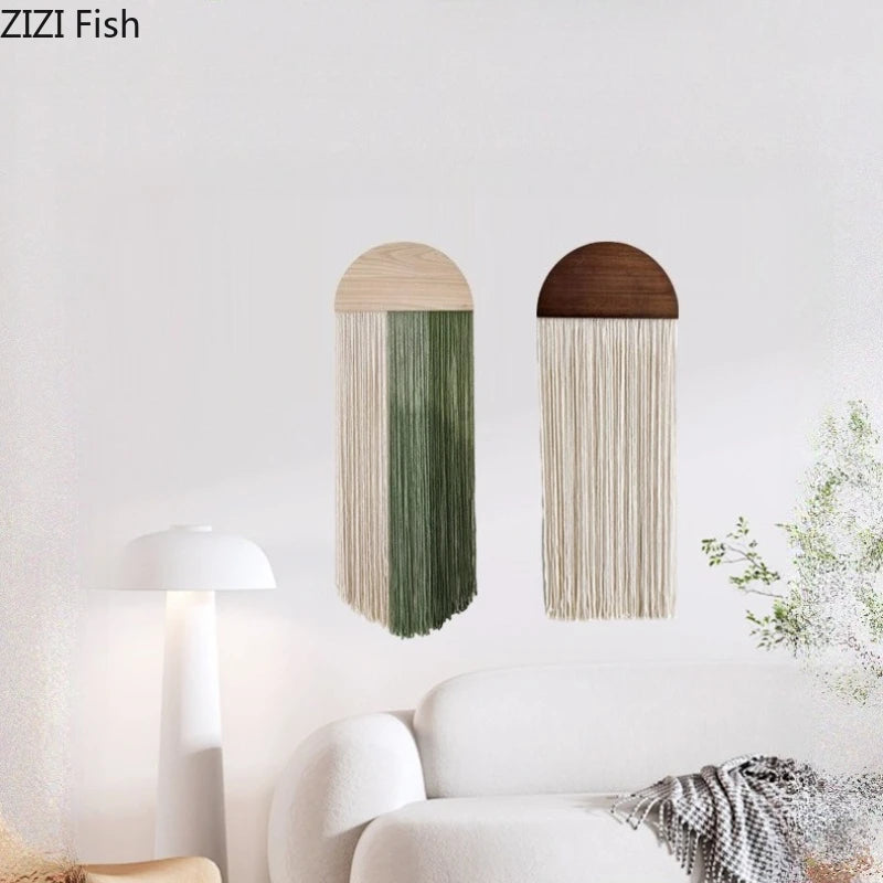 Hand Woven Tapestry Half Circle Wooden Board Tassel Tapestry Wall Decoration Homestay Pendant Wall Mounted Ornament Hangings