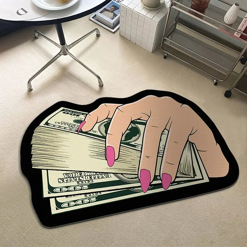 VIKAMA Irregular Money Stack Shaped Area Rug Vintage Dollar Bill Print Non Slip Floor Mat Funny Cartoon Cash Carpet Bedroom Rug