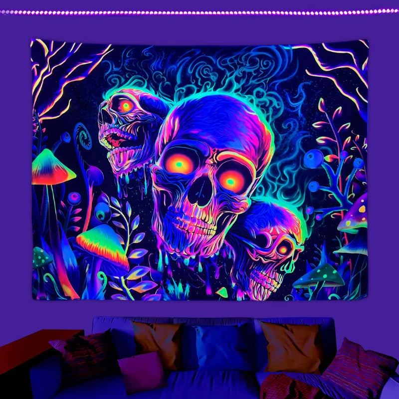 1pc Skeleton flower fluorescent tapestry, UV tapestry, plant mushroom tapestry, bedroom aesthetic decoration wall hanging