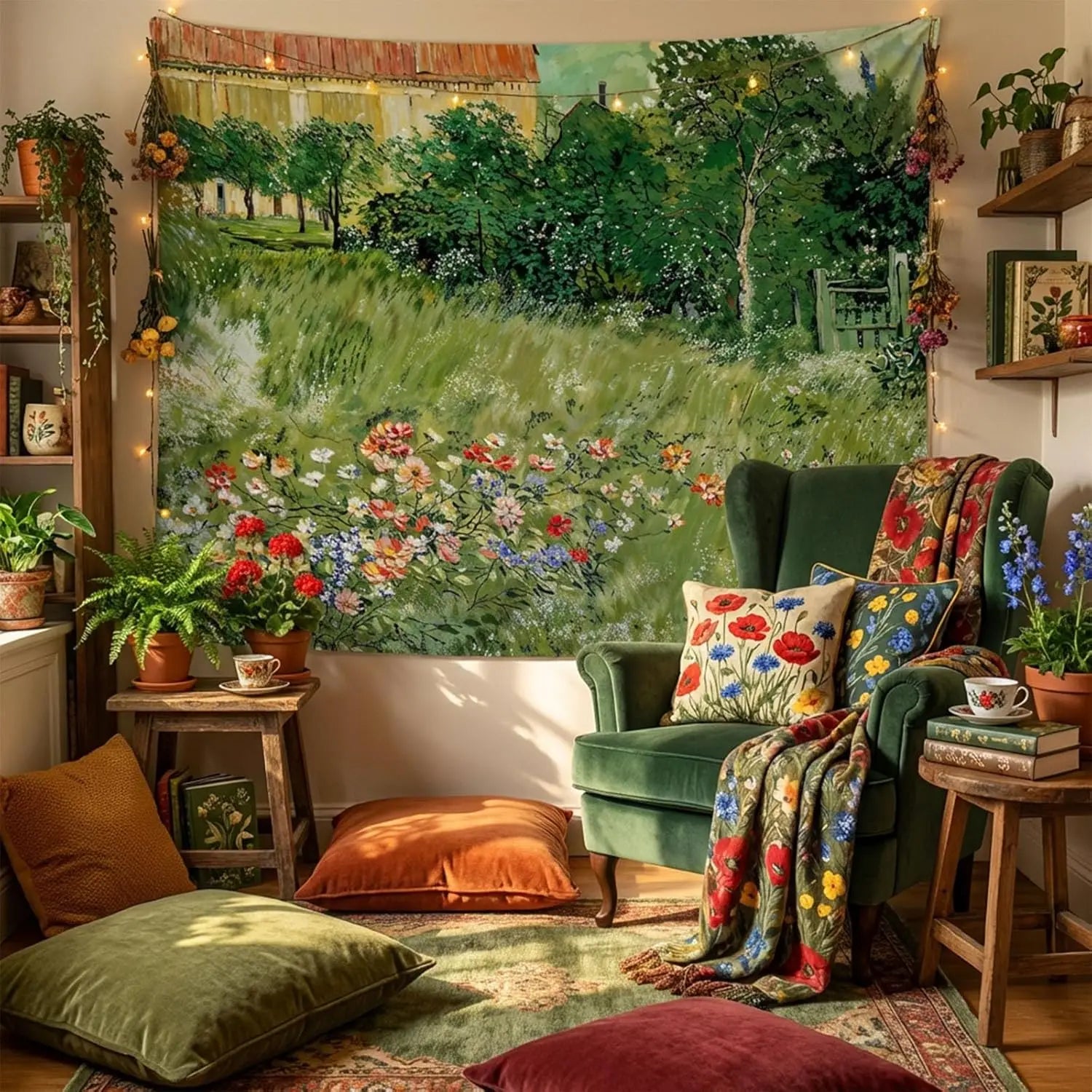 Monet Tapestry Impressionist Art Landscape Tapestry for Bedroom Vintage Green Floral Garden Tapestries Wall Hanging for Living