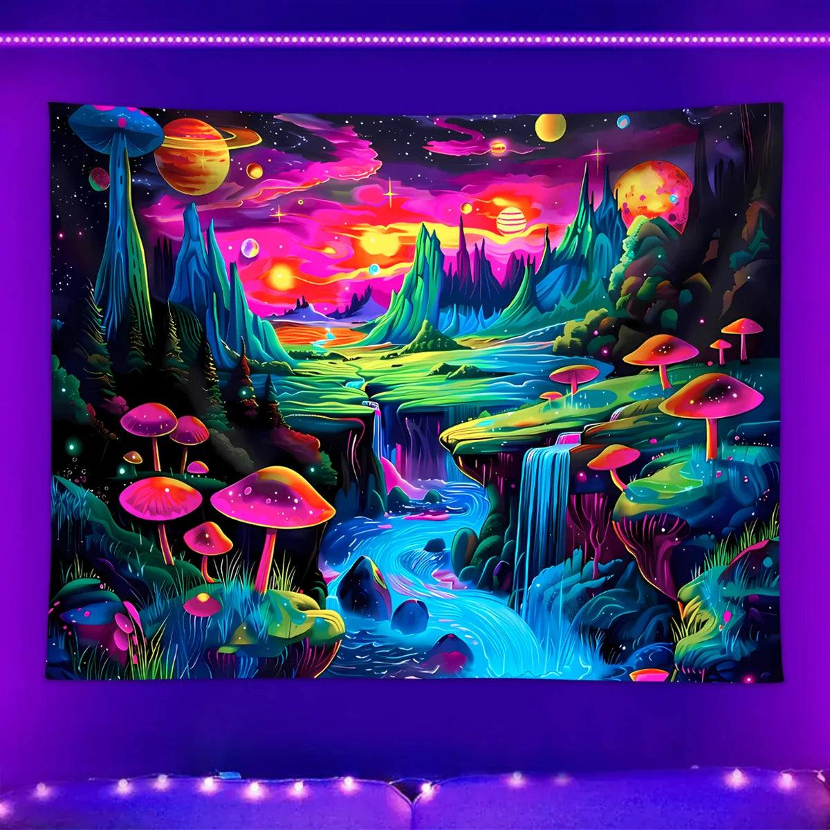 1pc Mushroom fluorescent tapestry, UV responsive landscape tapestry, space planet landscape tapestry, bedroom decoration