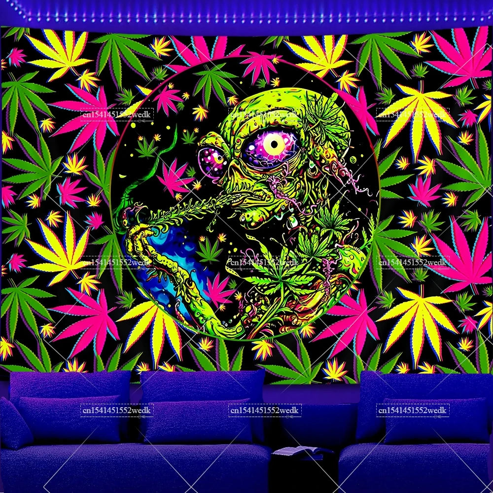 Trippy Weed Blacklight Tapestry UV Reactive Alien Marijuana Leaf Tapestry Neon Skull Smoke Tapestry Aesthetic Tapestry For Room