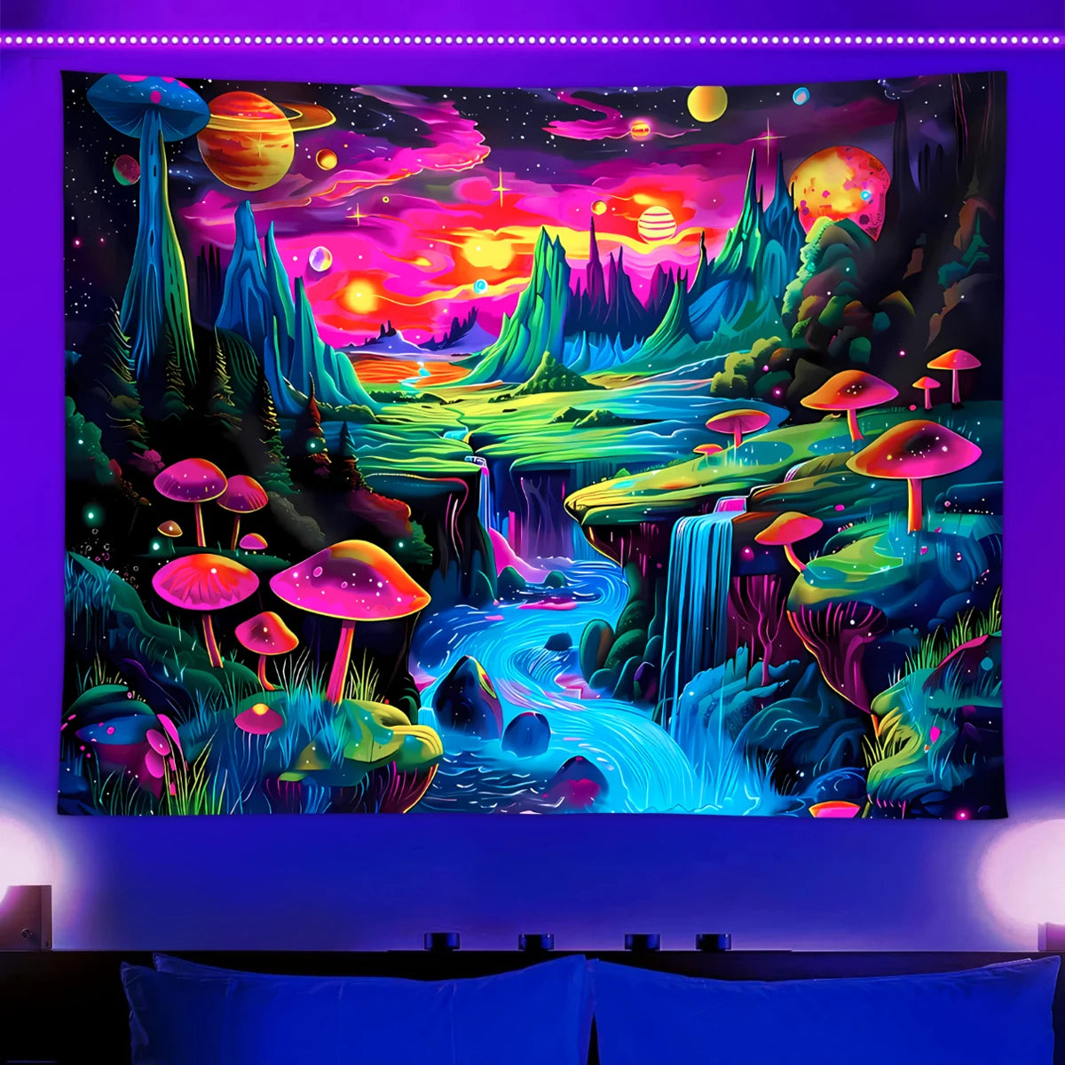 1pc Mushroom fluorescent tapestry, UV responsive landscape tapestry, space planet landscape tapestry, bedroom decoration