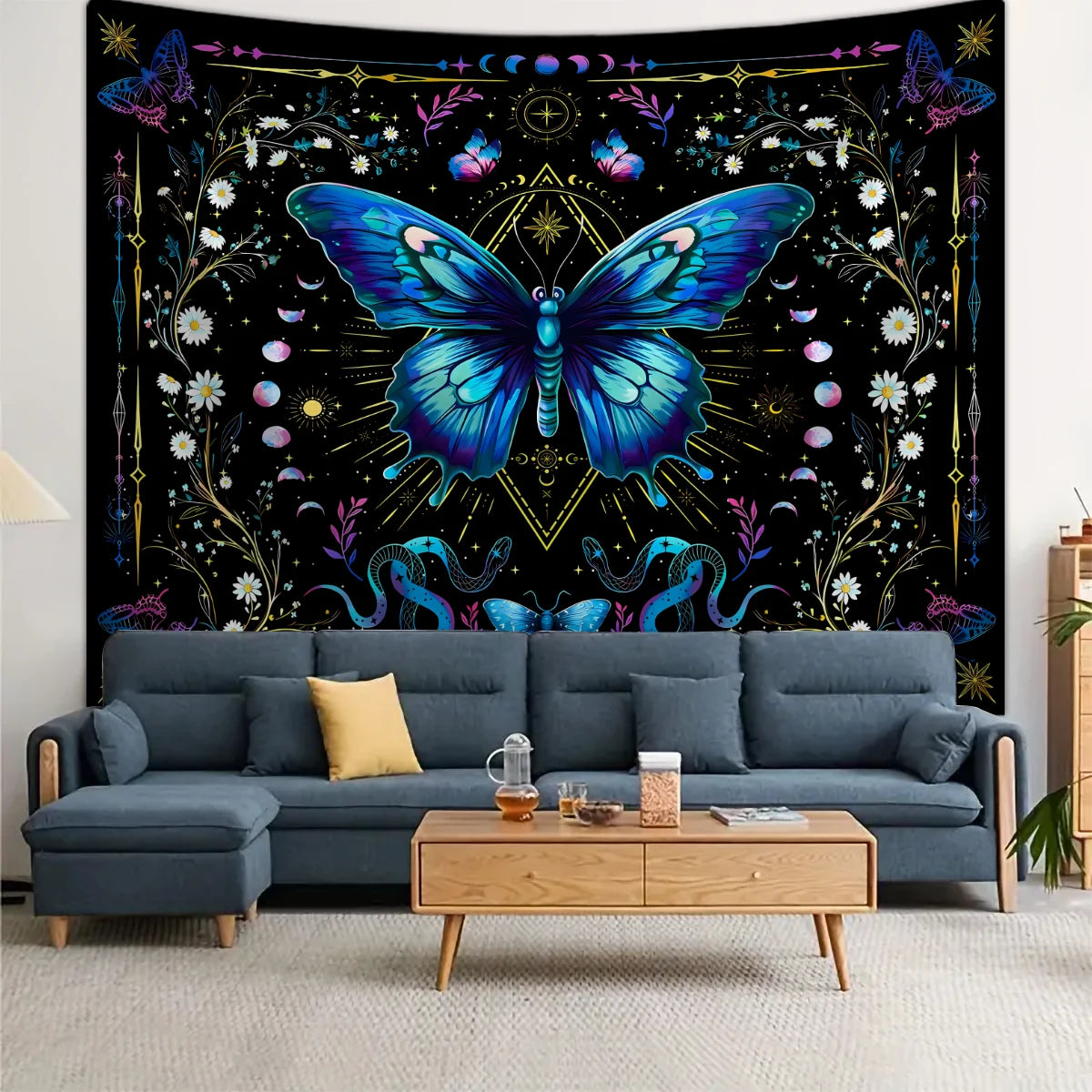 1pc Blue butterfly tapestry, Bohemian floral tapestry, plant tapestry, moon phase starry sky tapestry, beautiful tapestry