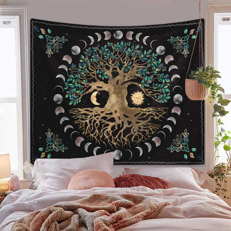 Wall Hanging Tapestry Aesthetic Tree of Life Tapestry Moon Phase Flowers Plants Tapestry Decro for Bedroom Dorm Living Room