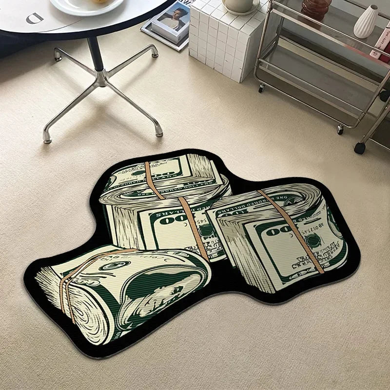 VIKAMA Irregular Money Stack Shaped Area Rug Vintage Dollar Bill Print Non Slip Floor Mat Funny Cartoon Cash Carpet Bedroom Rug