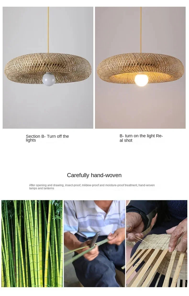 Bamboo Hand Weaving Pendant Lights 40/60/80cm Hanging LED Ceiling Lamp Chandelier Fixture Rattan Hand Craft Woven Bedroom Decor