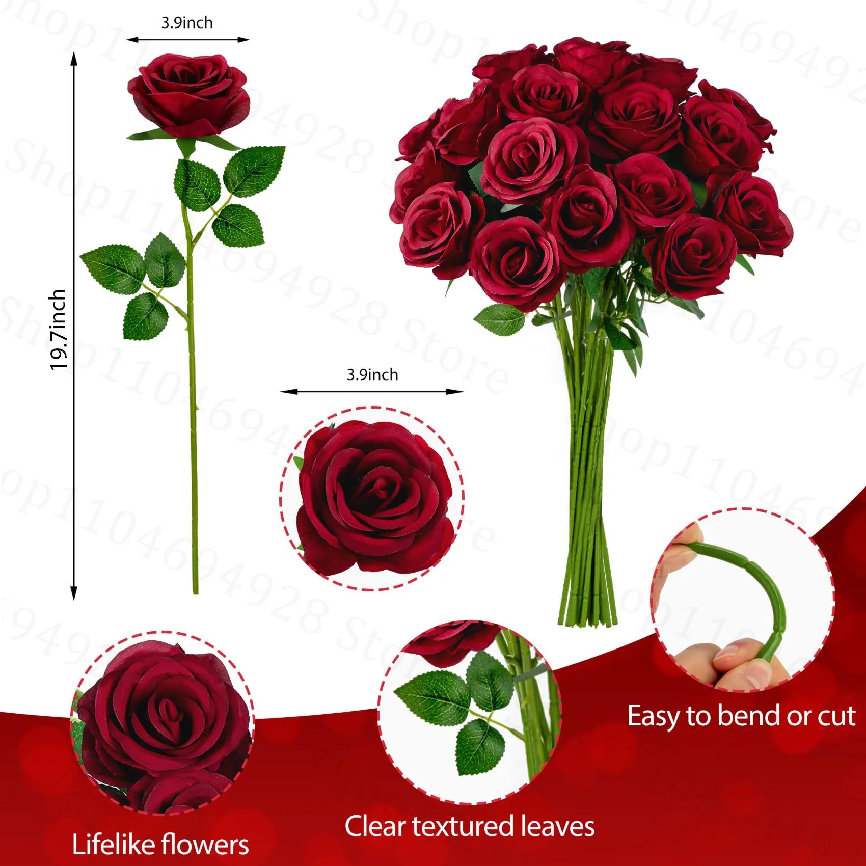 24-80Pcs Artificial Roses Flowers 3.9''Big Velvet Rose Artificial Flowers with Long Stems for Wedding Mothers Day Decor