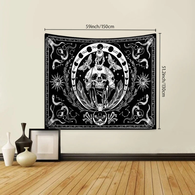 1pc Black and white skull tapestry, moth tapestry, tarot card sun moon constellation tapestry, Halloween horror tapestry