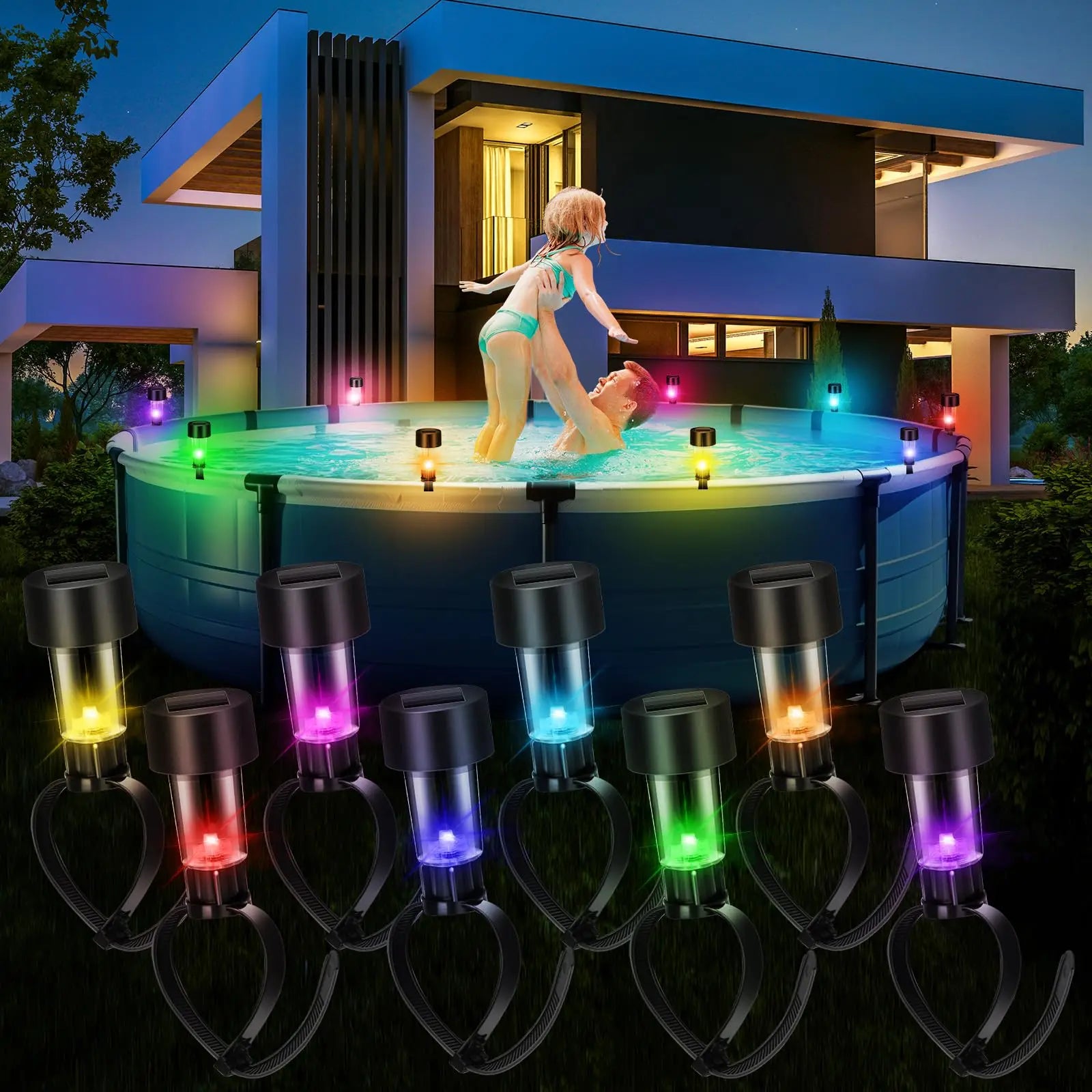 8 swimming pool solar lights, waterproof lights, outdoor swimming pool accessories, colored lights and night lights