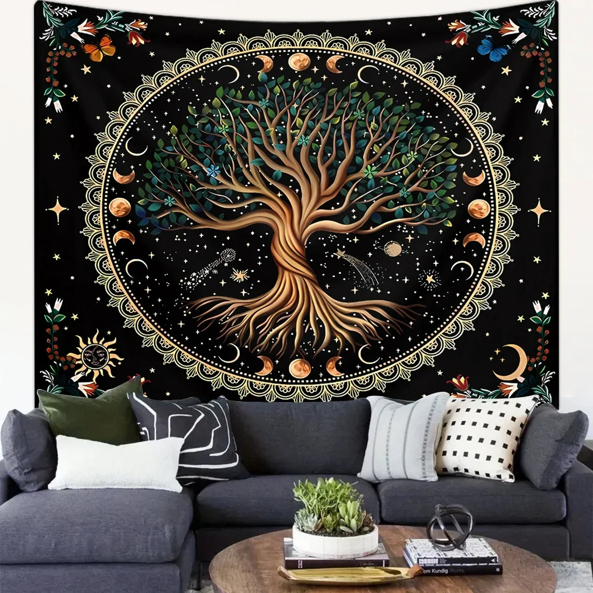 1pc Life Tree Tapestry, Moon Phase Tapestry, Bohemian Wind Starry Sky Tapestry, Fantasy Universe Planet Tapestry