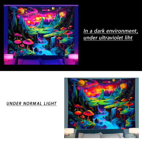 1pc Mushroom fluorescent tapestry, UV responsive landscape tapestry, space planet landscape tapestry, bedroom decoration