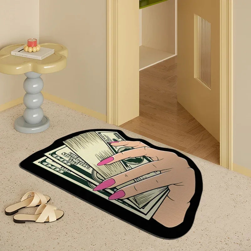 VIKAMA Irregular Money Stack Shaped Area Rug Vintage Dollar Bill Print Non Slip Floor Mat Funny Cartoon Cash Carpet Bedroom Rug
