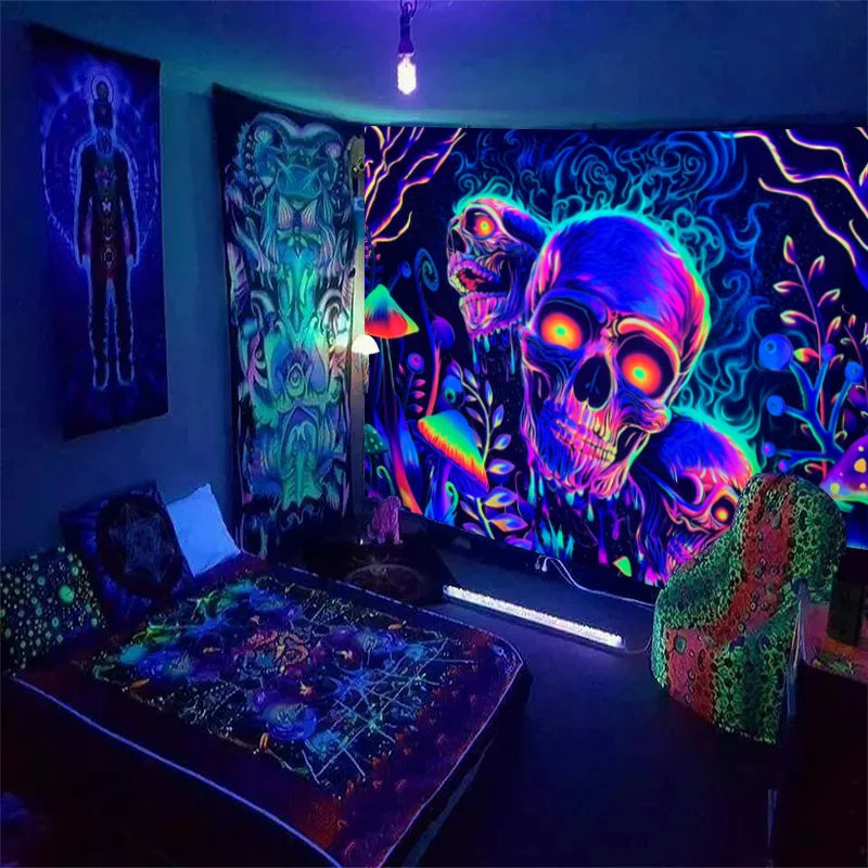 1pc Skeleton flower fluorescent tapestry, UV tapestry, plant mushroom tapestry, bedroom aesthetic decoration wall hanging