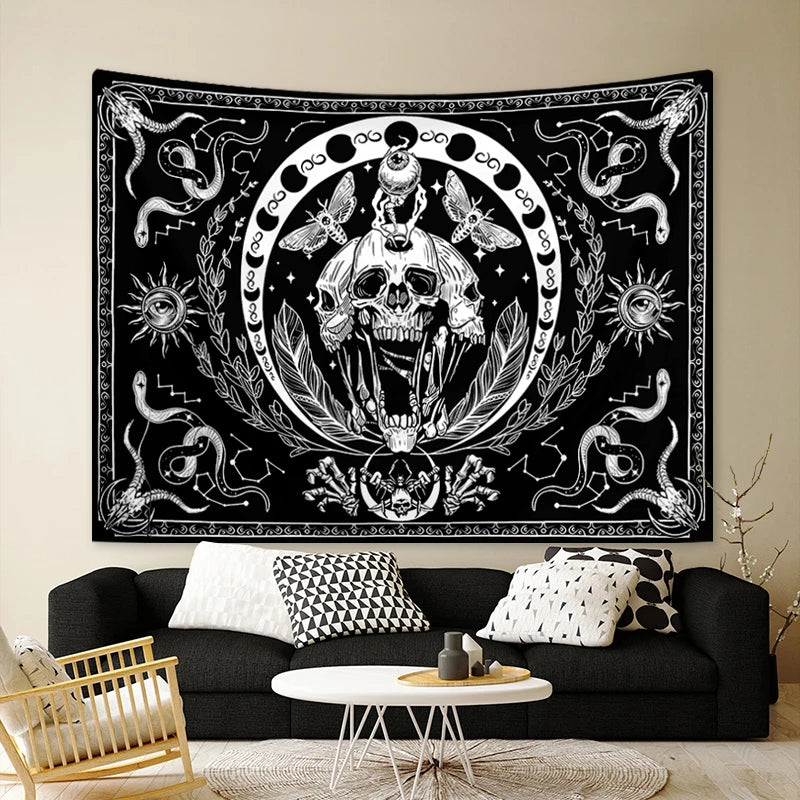 1pc Black and white skull tapestry, moth tapestry, tarot card sun moon constellation tapestry, Halloween horror tapestry