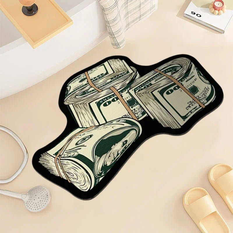 VIKAMA Irregular Money Stack Shaped Area Rug Vintage Dollar Bill Print Non Slip Floor Mat Funny Cartoon Cash Carpet Bedroom Rug