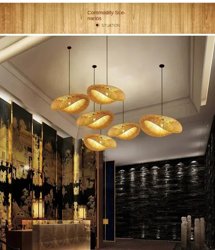 Bamboo Hand Weaving Pendant Lights 40/60/80cm Hanging LED Ceiling Lamp Chandelier Fixture Rattan Hand Craft Woven Bedroom Decor