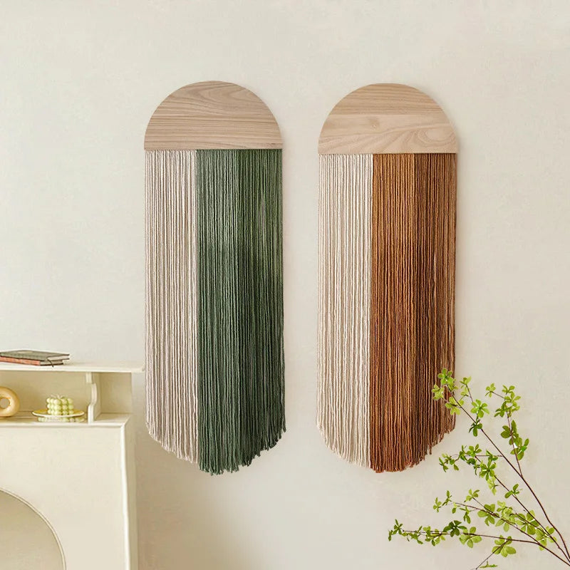 Creative tapestry, hand woven semi-circular wooden board, tassel tapestry, living room, homestay, wall hanging, wall decoration