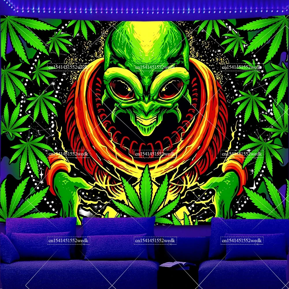Trippy Weed Blacklight Tapestry UV Reactive Alien Marijuana Leaf Tapestry Neon Skull Smoke Tapestry Aesthetic Tapestry For Room