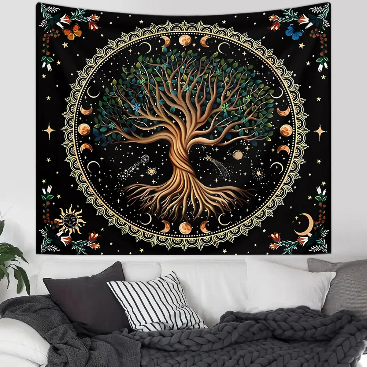 1pc Life Tree Tapestry, Moon Phase Tapestry, Bohemian Wind Starry Sky Tapestry, Fantasy Universe Planet Tapestry