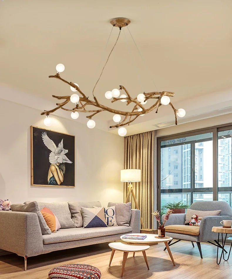 Modern Nordic Retro LED Chandelier For Living Bedroom Tree Branch Art Ceiling Pendant Lights Brown Antique Hanging Lamp Decor Li