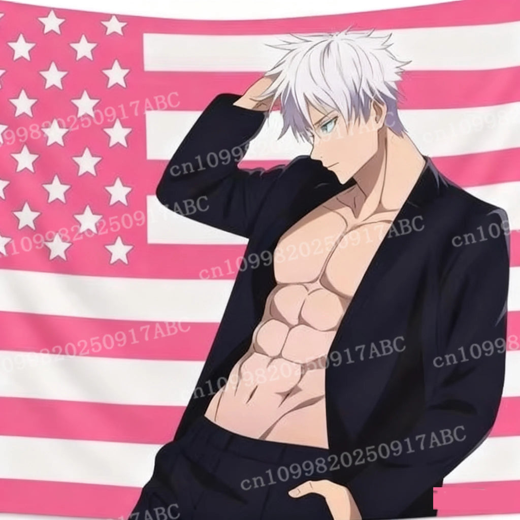 Anime Tapestry Satoru Gojo Pink Flags Wall Tapestries Bedroon Wallpapers Background Wall Cloth Party Banner Decor Home Tapestry