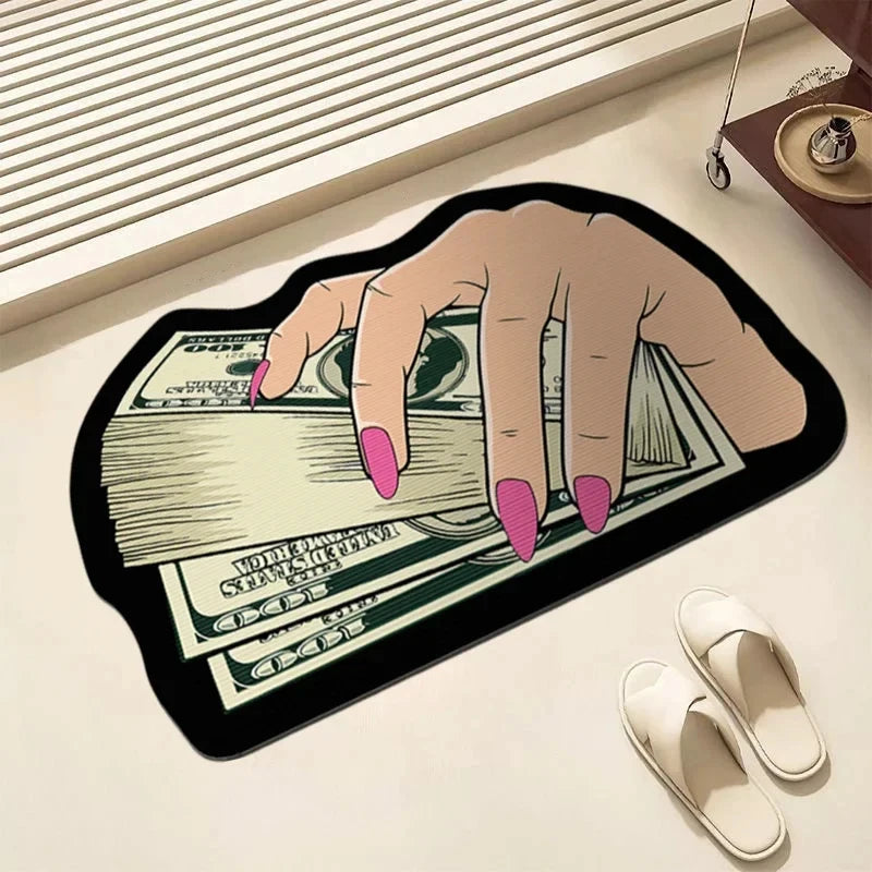 VIKAMA Irregular Money Stack Shaped Area Rug Vintage Dollar Bill Print Non Slip Floor Mat Funny Cartoon Cash Carpet Bedroom Rug