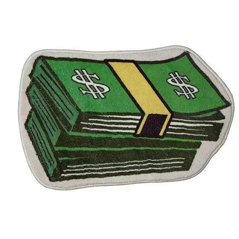 VIKAMA Irregular Money Stack Shaped Area Rug Vintage Dollar Bill Print Non Slip Floor Mat Funny Cartoon Cash Carpet Bedroom Rug