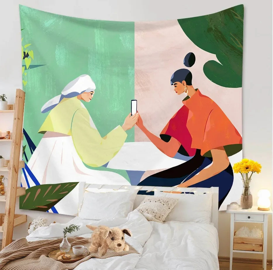 Tapestry Living Room Background Mural Beach Mat Home Decoration Simple and Fresh Character Wall Hanging