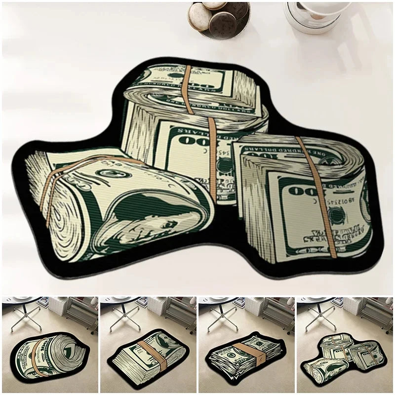 VIKAMA Irregular Money Stack Shaped Area Rug Vintage Dollar Bill Print Non Slip Floor Mat Funny Cartoon Cash Carpet Bedroom Rug
