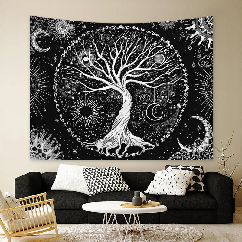 Wall Hanging Tapestry Aesthetic Tree of Life Tapestry Moon Phase Flowers Plants Tapestry Decro for Bedroom Dorm Living Room