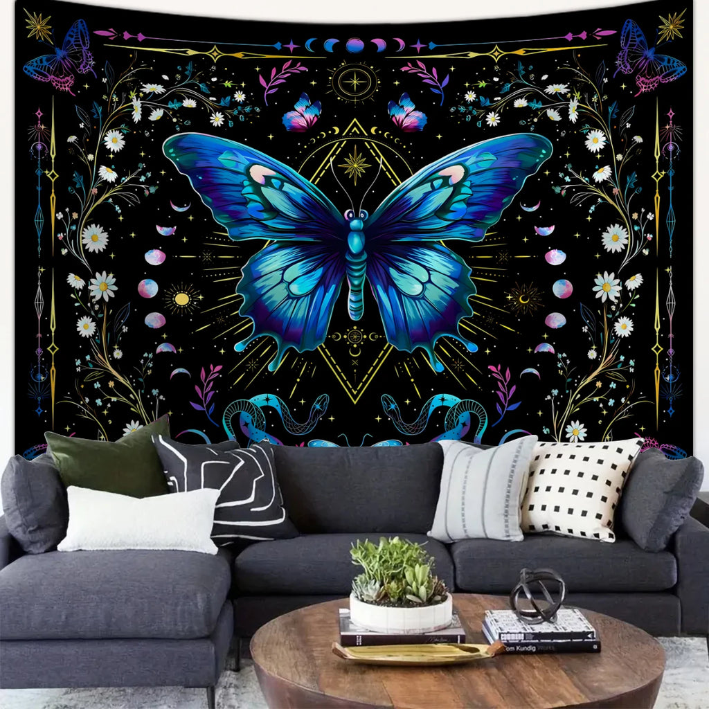 1pc Blue butterfly tapestry, Bohemian floral tapestry, plant tapestry, moon phase starry sky tapestry, beautiful tapestry