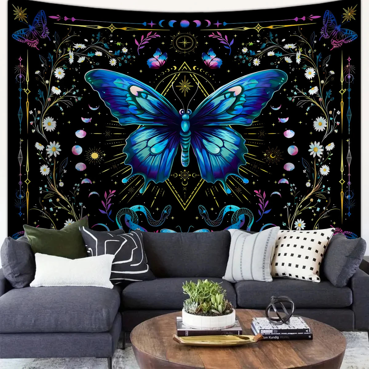 1pc Blue butterfly tapestry, Bohemian floral tapestry, plant tapestry, moon phase starry sky tapestry, beautiful tapestry