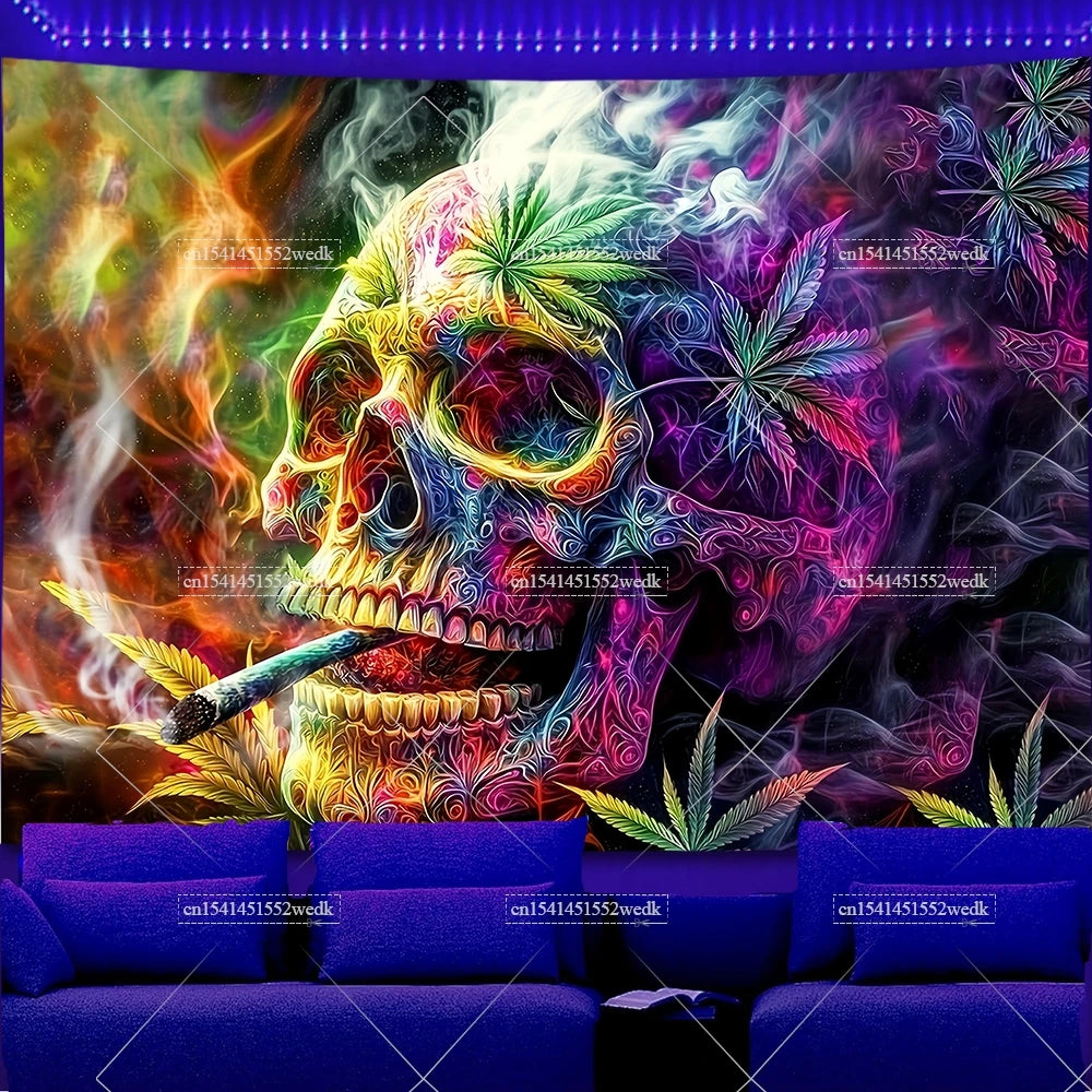 Trippy Weed Blacklight Tapestry UV Reactive Alien Marijuana Leaf Tapestry Neon Skull Smoke Tapestry Aesthetic Tapestry For Room