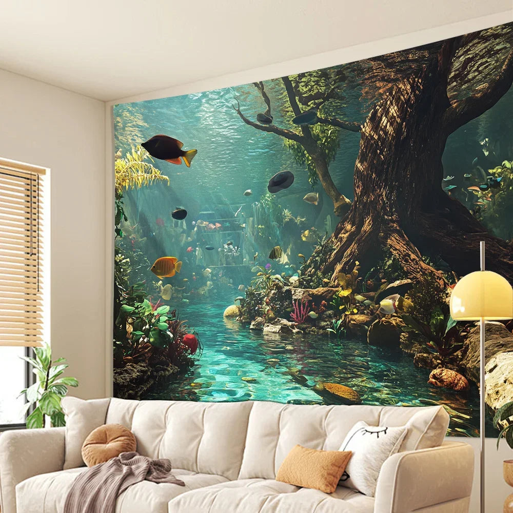 1 aquarium tapestry, polyester fiber wall decoration, suitable for living rooms, bedrooms, offices, and parties