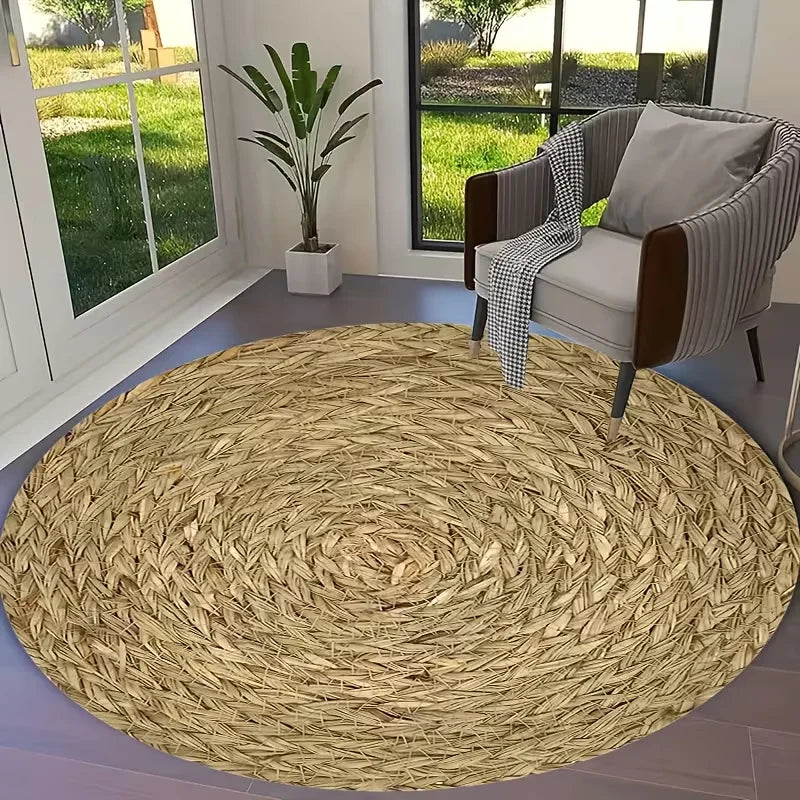 Rustic Wood Grain Round Area Rug Natural Tree Ring Concentric Circle Texture Non-Slip Floor Carpet Minimalist Home Decor Mat
