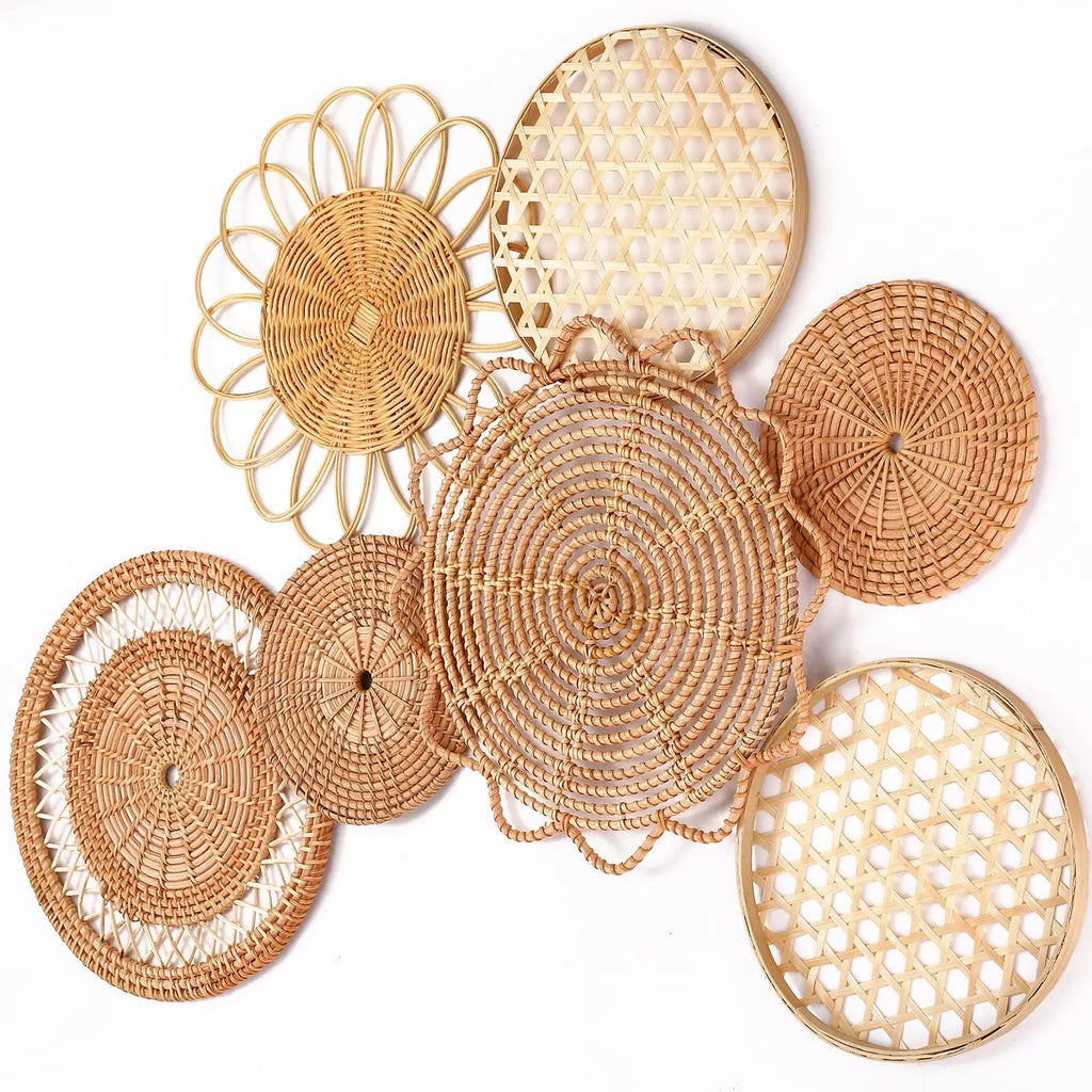 7Pcs Boho Rattan Wall Decor Hanging Woven Baskets Decor Bohemian Home Decor Handmade Wicker Wall Decor for Bedroom Farmhouse