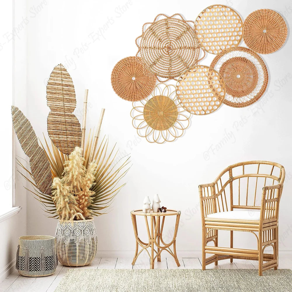 7Pcs Boho Rattan Wall Decor Hanging Woven Baskets Decor Bohemian Home Decor Handmade Wicker Wall Decor for Bedroom Farmhouse