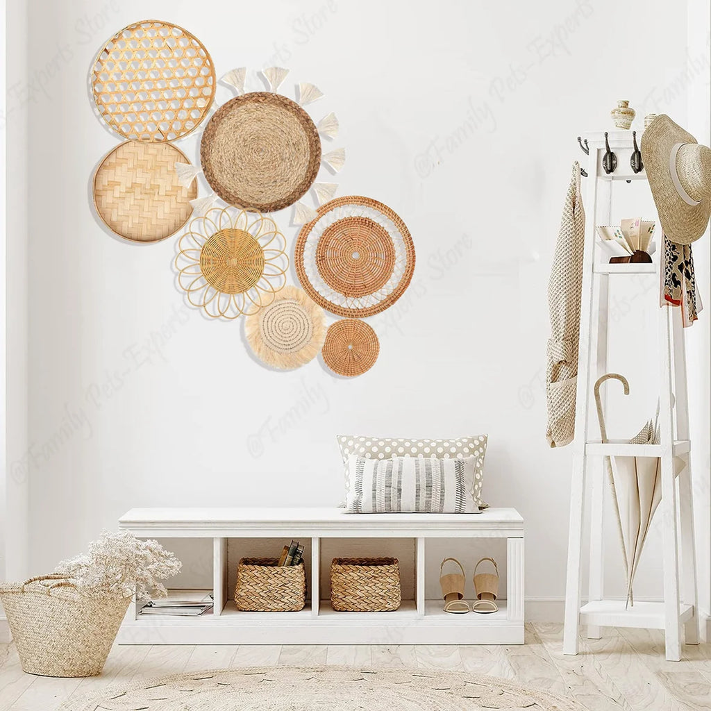 7Pcs Boho Rattan Wall Decor Hanging Woven Baskets Decor Bohemian Home Decor Handmade Wicker Wall Decor for Bedroom Farmhouse